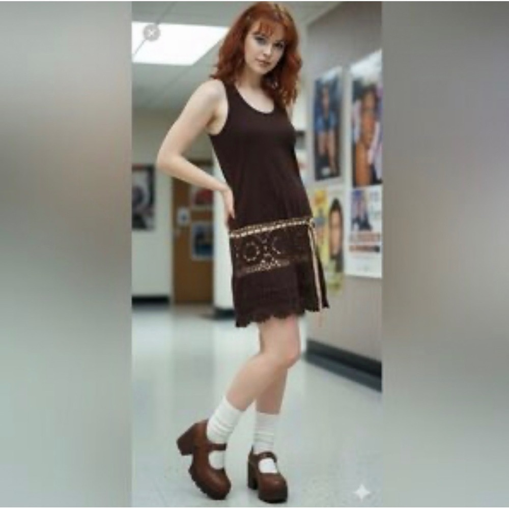 Moda International M BOHO Brown Lace Crochet Racerback Tank Knit Dress Women